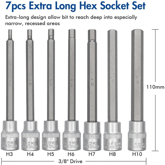 TYHREF-3/8" Drive Extra Long Allen Hex Bit Socket Set, 7pcs Allen Key Bit Socket Set, H3 H4 H5 H6 H7 H8 H10, CR-V Sockets and S2 Bit