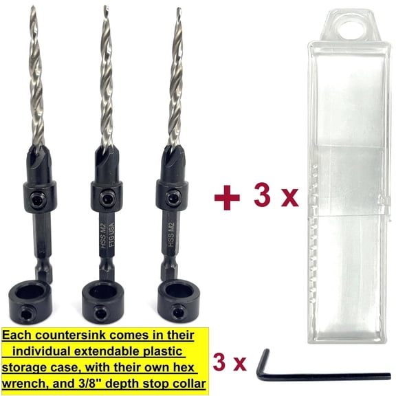 TYHREF-3 Pc #10 (3/16") Countersink Drill Bit Set with Tapered Drill Bits for Wood, Depth Stop Collar, Hex Wrench and Storage Container