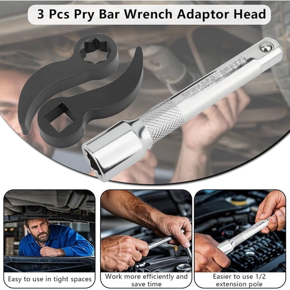 TYHREF-3 Pcs Pry Bar Wrench Adaptor Head Alloy Steel Adapter Head Tool with Extension Bar for Tight Spaces,1/2 D 8pt (Square) Profile with Rod 1/2in Drive