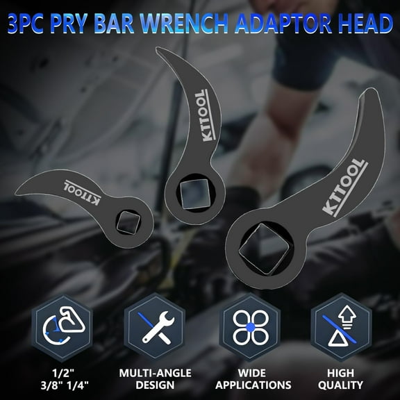 TYHREF-3 Pcs Pry Bar Wrench Adaptor Head Set, Crowbar Adapter Head Tool, Half Shaft Removal Car Repairing Tools 1/2" 3/8" 1/4" D (Square) Profile