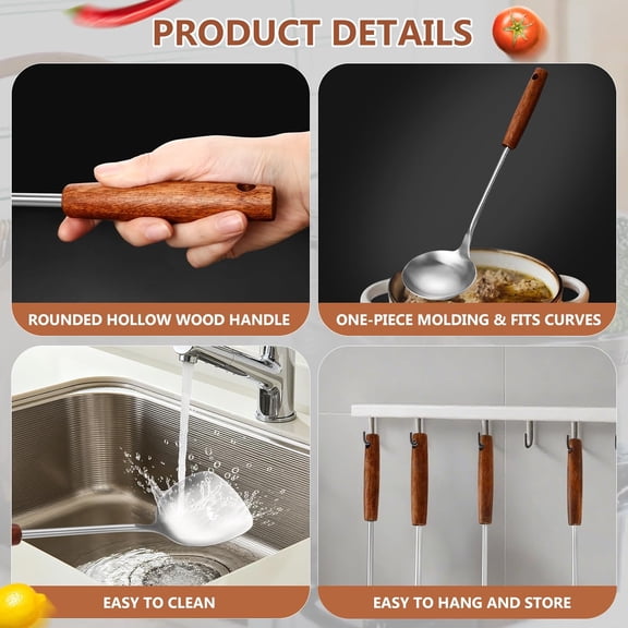 TYHREF-304 Stainless Steel Kitchen Utensils Set, 4 Pcs Long Cooking Utensils Set with Wooden Handle, Large Heat Resistant Kitchen Tools(Dishwasher Safe)