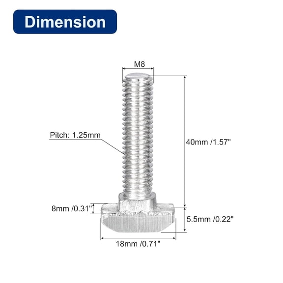 TYHREF-30Pcs T-Slot Bolts, M8 x 40mm Hammer Head Bolt T Screw Drop-in Stud for 4040 Series T-Slot Aluminum Extrusion Profile, 304 Stainless Steel, Silver