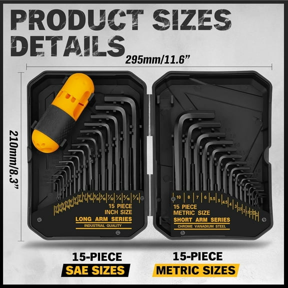 TYHREF-31-Piece Hex Key Set - Allen Wrench Set, SAE and Metric Allen Keys MM(0.7mm-10mm) SAE(0.028"-3/8) Heat-Treated, Torque Handle, High Leverage, Long & Short Keys, Easy Organization