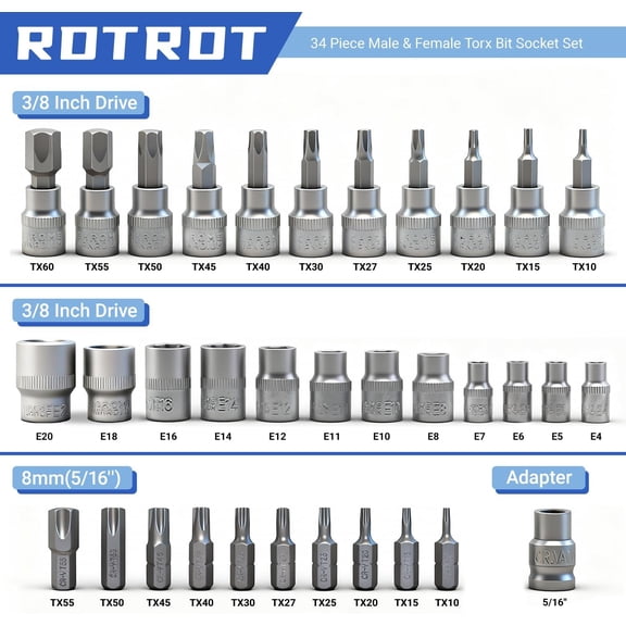 TYHREF-34-Piece Torx Star Bit Socket Set,CR-V Steel, E4-20, T10-60, Tamper Proof Set TT10-TT55, 5/16"F to 3/8"M adapter with Storage Case, Ideal for Car,Trucks,Home Improvement