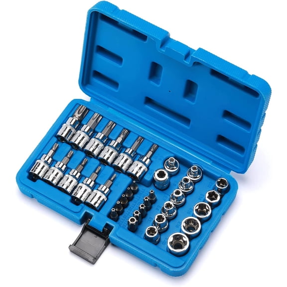 TYHREF-34 Pieces 3/8-Inch Drive Torx Bit Socket and E-Torx (Star) Socket Set, CR-V & S2 Steel, E4-E20, T10-T60, Tamper Proof TT10-TT55, 5/16"F to 3/8"M Adapter