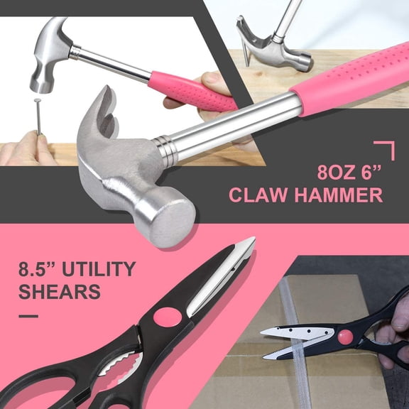 TYHREF-39-Piece Household Tool Set General Repair Small Hand Tool Kit Storage Case for Home Garage Office College Dormitory Use, Pink, TOOLS-00009