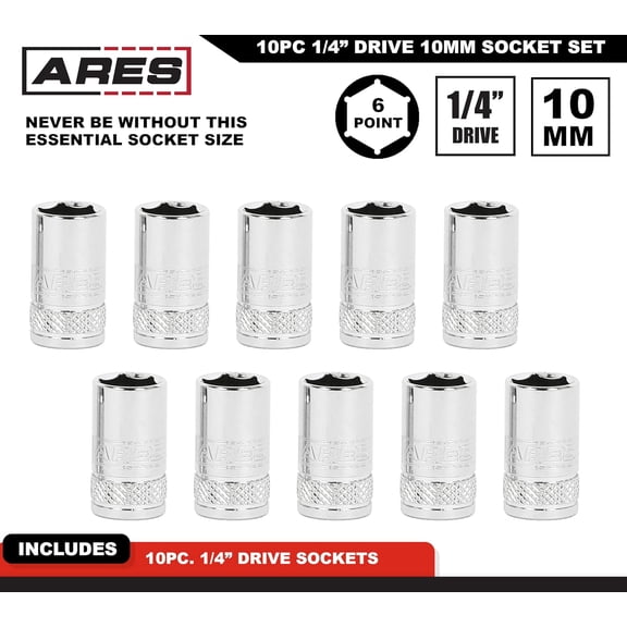 TYHREF-39018  10-Piece 1/4-Inch Drive 10mm Socket Set  Premium Chrome Vanadium Socket Set Features Knurled Bands for Enhanced Grip  1/4-Inch Drive Sockets with High Visibility Markings