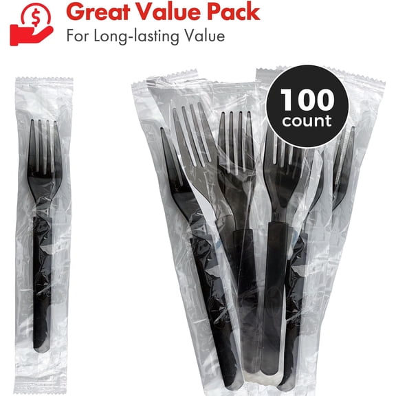 TYHREF-3X Heavy Duty Plastic Forks Individually Wrapped, Sturdy Like Silverware, 100 Pack Black Disposable Forks Bulk, Packaged To-Go Utensil Set, Perfect for Event Catering, Restaurant and Take Out.