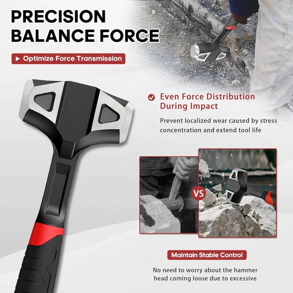 TYHREF-3lb Hard Face Sledge Hammer, Heavy Duty One-Piece Forged Carbon Steel, 3-Pound Strike Drilling/Crack Hammer with Anti-Vibration Rubber Grip for Rock, Demolition & General Construction