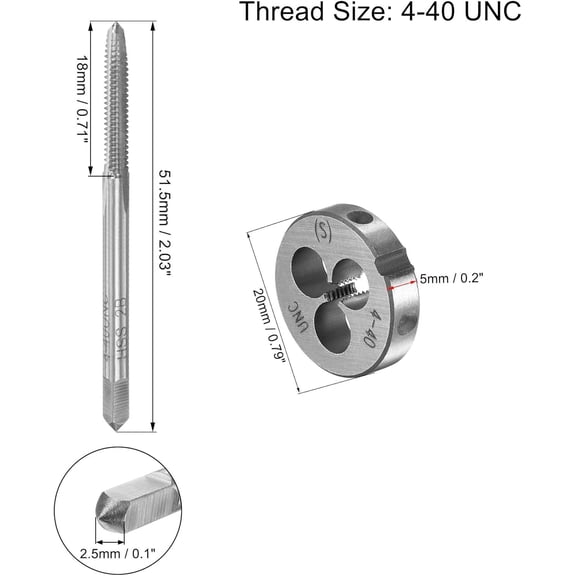 TYHREF-4-40 UNC Tap and Die Set with 20mm Round Die Stock Handle Wrench, High Speed Steel Machine Thread Tap and Round Die Threading Tool