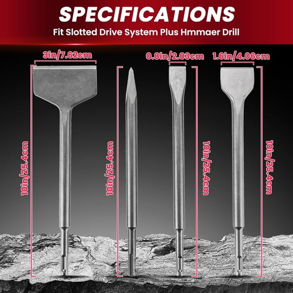 TYHREF-4-Piece Chisel Bit Set for Rotary Hammer Drills Compatible with Slotted Drive System Plus Hammer, Alloy Steel Tile Removal & Demolition Tool Kit