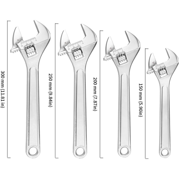 TYHREF-4-Piece Heavy-Duty Adjustable Wrench Set(6", 8", 10", 12"), Wide Jaw Wrenches with Laser-Etched Metric & SAE Scales for Automotive, Plumbing & Repairs, Silver