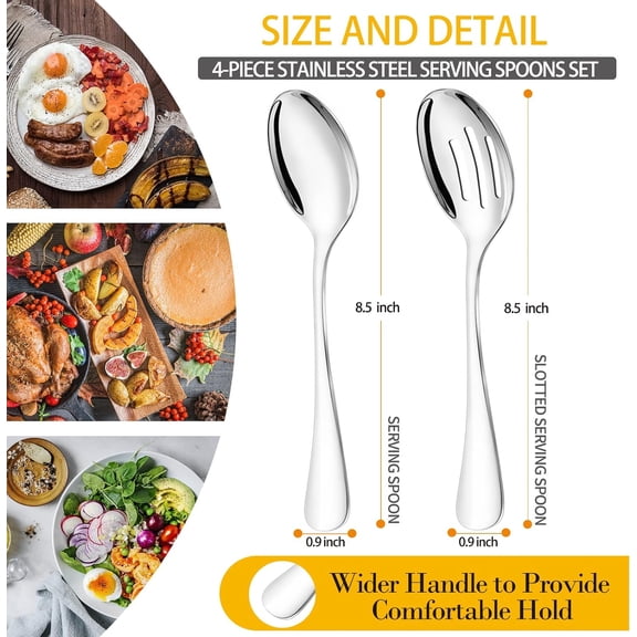 TYHREF-4-Piece Stainless Steel Buffet Serving Spoons Set, Include 2 Serving Spoons and 2 Slotted Spoons for Buffet, Banquet, Cooking, and Kitchen, Dishwasher Safe, 8.5 Inches