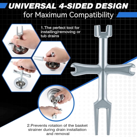 TYHREF-4 Sided Drain Strainer Wrench with Sliding Handle for Bath/Shower Sink Tool for Installing Removing Pop Up Plugs, Basket Drains and Closet Spuds