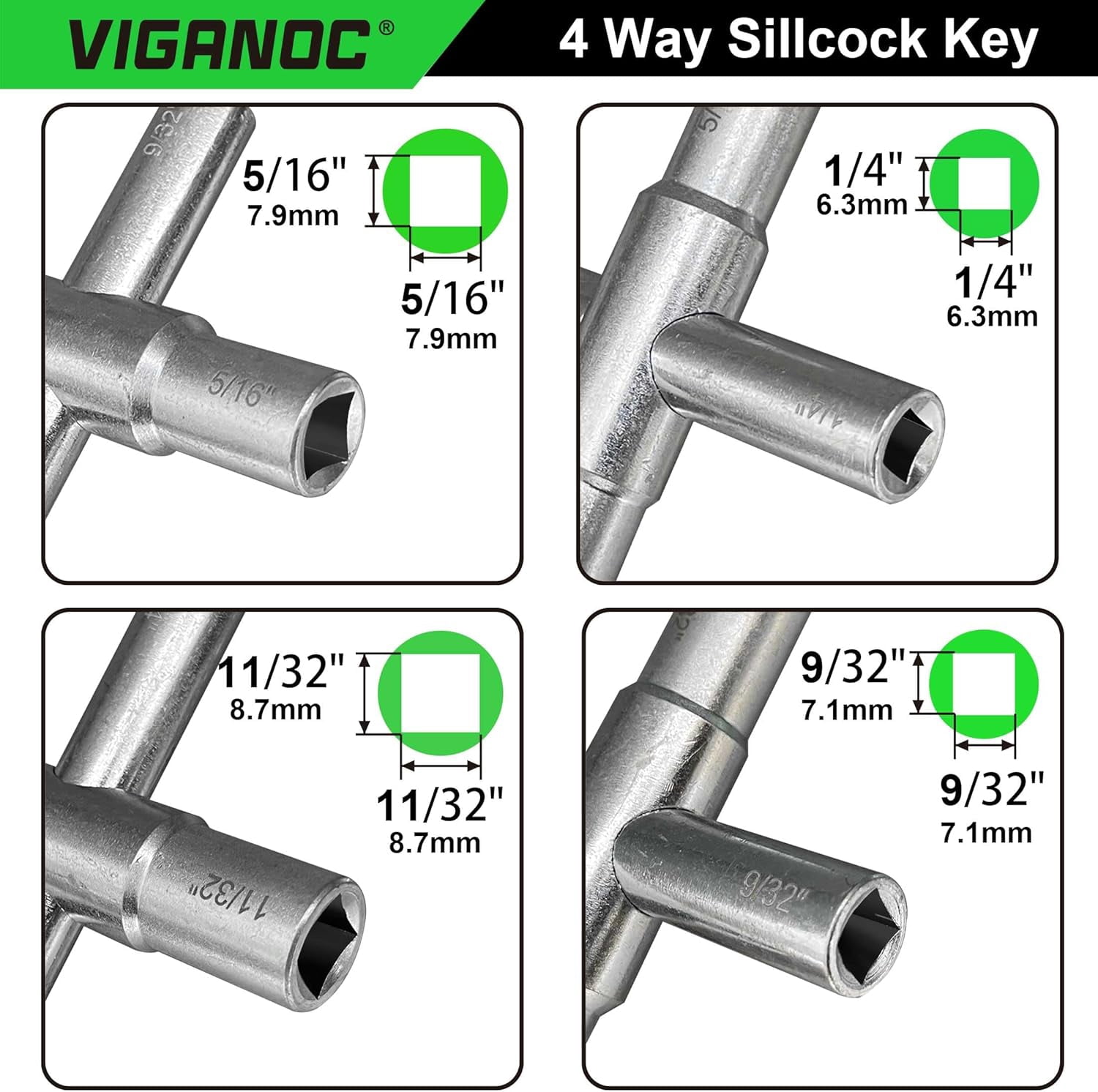 TYHREF-4 Way Sillcock Key, 1/4", 9/32", 5/16", 11/32", Utility Key for