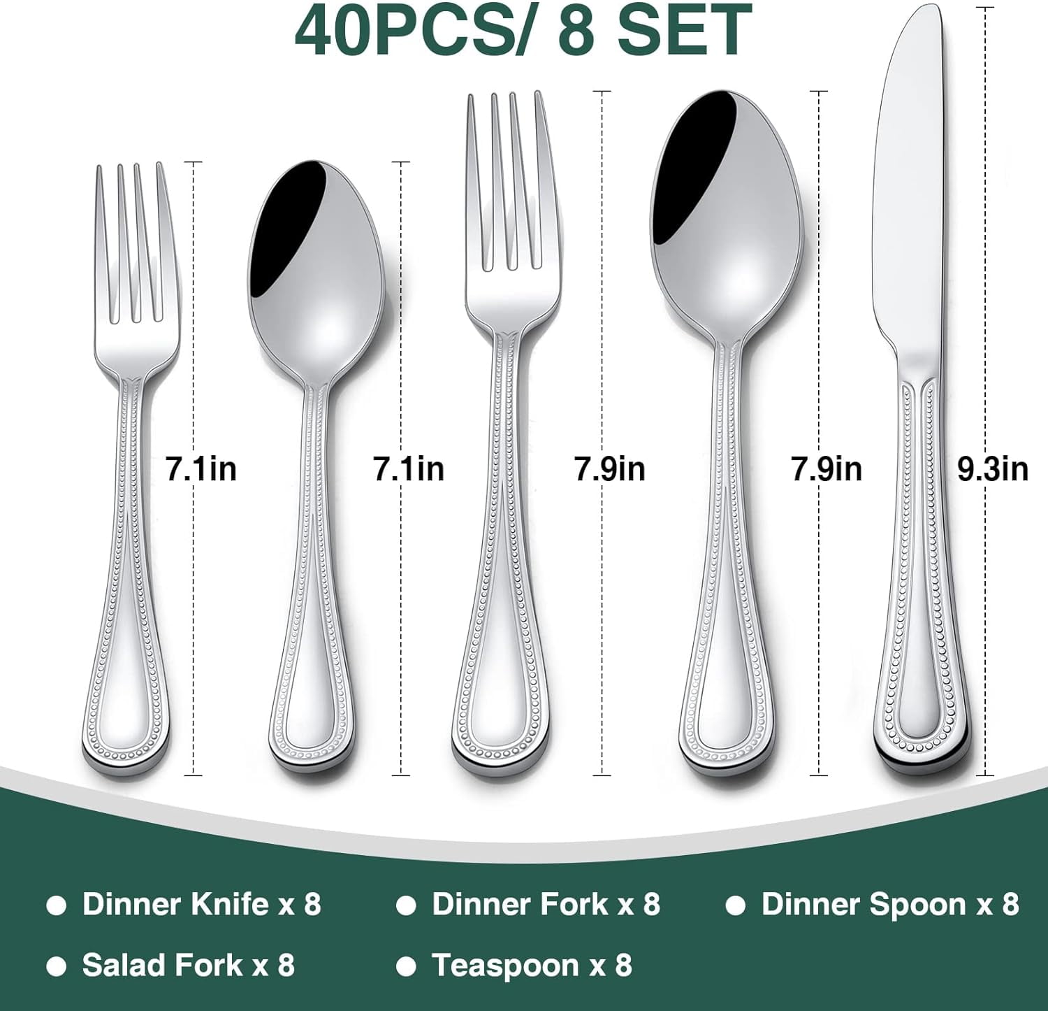 TYHREF-40 Pieces Silverware Set, Pearled Edge Silverware Cutlery Set Service for 8, Premium Stainless Steel Flatware Set, Knife Fork Spoon Tableware Set for Home, Restaurant, hotel, Dishwasher Safe