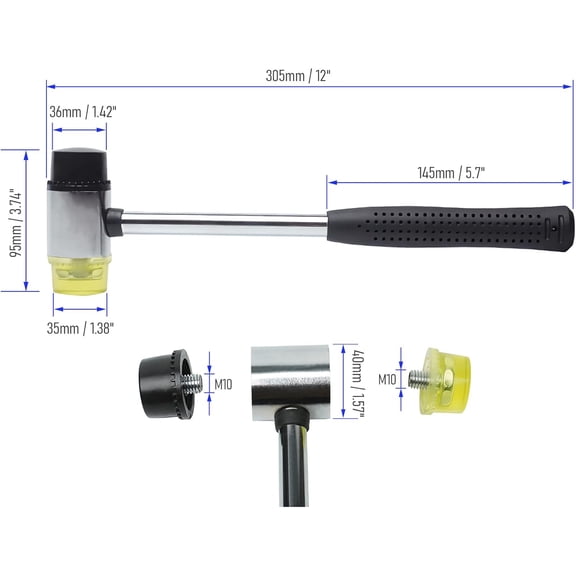 TYHREF-40mm 18oz Double-Faced Rubber Hammer with 4 Soft/Hard Tips Mallet Non-Slip Grip for Leather Crafts, Woodworking and Flooring InstallationBlack and Yellow