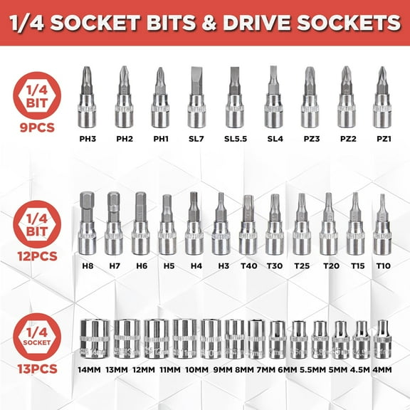 TYHREF-46 Pieces 1/4 inch Drive Socket Tool Set with Ratchet Wrench, Metric Bits, Extension Bar & Case for Auto Repair, Home Maintenance