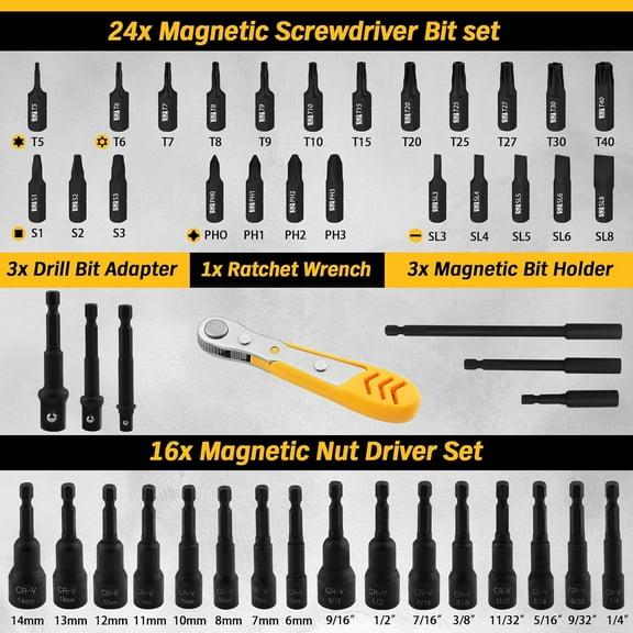 TYHREF-47-Piece Magnetic Nut Driver & Screwdriver Bit Set - Strong Magnetic Nut Drivers for Impact Drill, Power Nut Driver, Screwdriver Bit, Mini Ratcheting Wrench, Drill Bit Extension & Socket Adapt