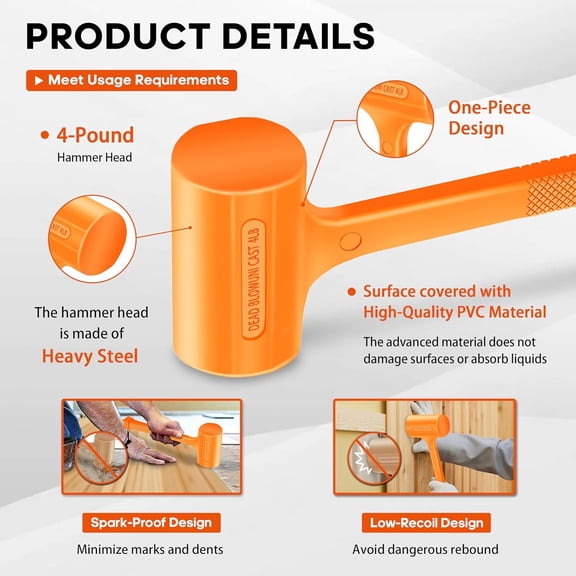 TYHREF-4LB Dead Blow Hammer, Heavy Duty Unibody Molded, Dead-Blow with Steel Ball Shot Filled Head, Ergonomic Checkered Grip, Spark and Rebound Resistant, Orange, Ideal for DIY, Automotive