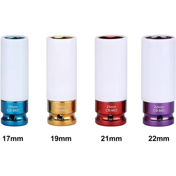 TYHREF-4PCS 1/2" Drive Thin-Walled Impact Drive Lug Nut Socket Set, CR-MO, Metric, Protective Wheel Impact Socket Set-17mm, 19mm, 21mm, 22mm