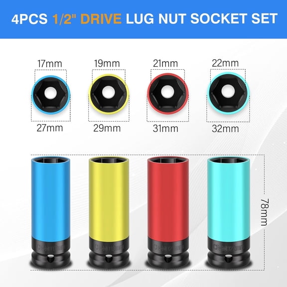 TYHREF-4PCS 1/2" Drive Wheel Protector Impact Socket, Non-Marring Lug Nut Deep Socket Set, CR-MO, 6 Point, Color-Coded Protective Socket | Metric 17 19 21 22 mm