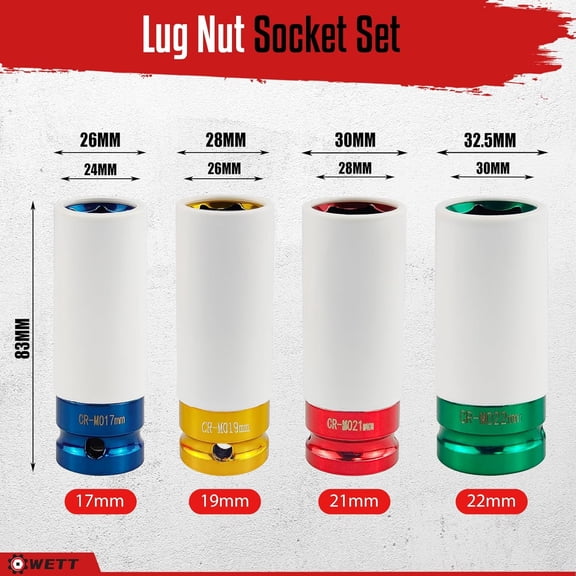 TYHREF-4Pcs 1/2 Inch Lug Nut Socket Set, Wheel Protector Thin Wall Deep Impact Socket, CR-MO Steel, 6 Point, Metric, 17mm, 19mm, 21mm, 22mm, Plastic Socket Lug Nut