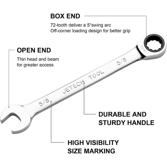 TYHREF-5/8 Inch Ratcheting Combination Wrench, 12PT 72 Tooth Box End Wrench, SAE Gear Spanner Made with Forged and Heat-Treated Cr-V Steel