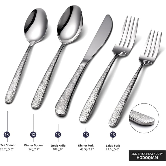 TYHREF-5 Pcs Silver Silverware Set, Food-Grade Stainless Steel Flatware Set for 1, Fabric-Textured Cutlery Set, Mirror Polished Tableware Eating Utensils Set for Kitchen, Includes Knife, Fork, Spoon