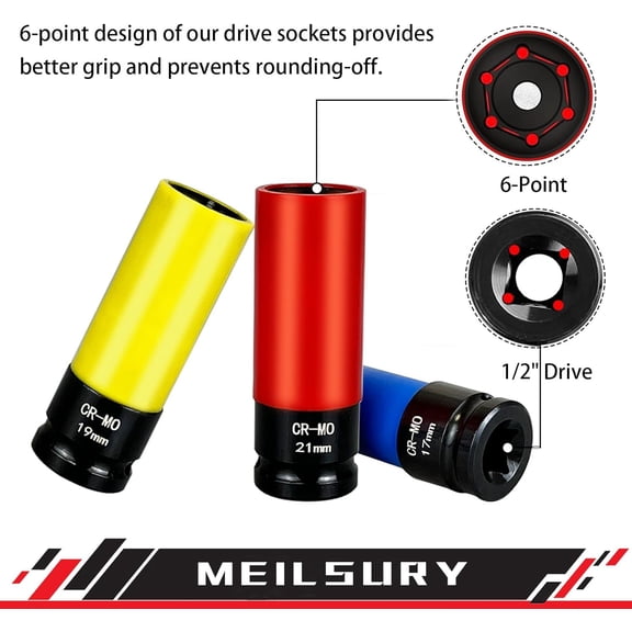 TYHREF-5-Piece 1/2" Drive Wheel Protector Impact Socket Set, Non-Marring Protective Wheel Lug Nut Impact Socket Set includes Metric sizes 17, 19, and 21 mm as well as SAE sizes 13/16 and 7/8 inch