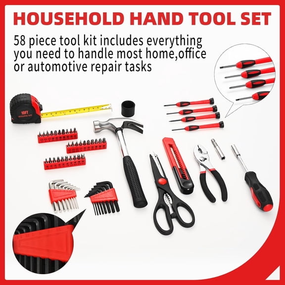 TYHREF-58-Piece Tool Kit Basic Home Repair Tool Set, General Household Hand Tool Kit,Small Tool Kit with Plastic Toolbox Mini Tool kit for Women, Office & College Repairs Red