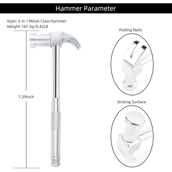 TYHREF-6 in 1 Silver Hammer & Screwdriver Tool Multitool Set Claw Hammer with Anti-Slip Grip Handle Slotted/Flat Head Phillips Screwdriver Nail Puller Best Gift for Family Friends Colleagues