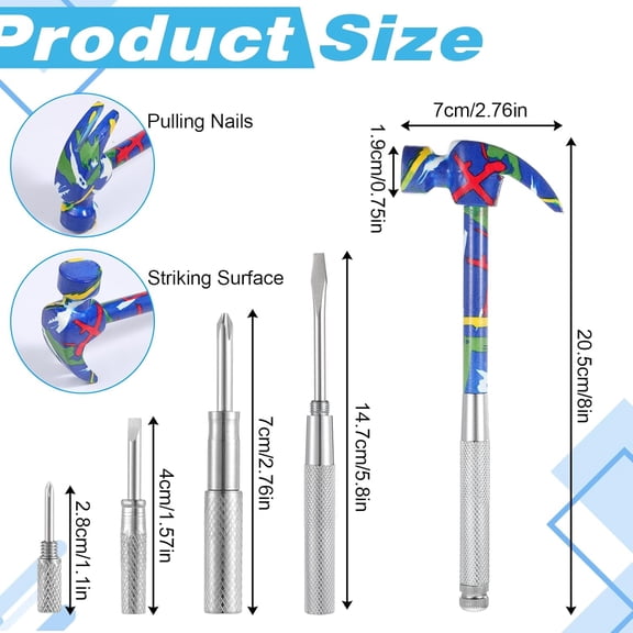 TYHREF-6-In-1 Multifunctional Mini Hammer, Mini Metal Hammer Small Nesting and Screwdriver Set Portable Multitool Hammers Multitool Camping Hammers Set Flash Hammering Tool Ideal (Silver, Blue Print)