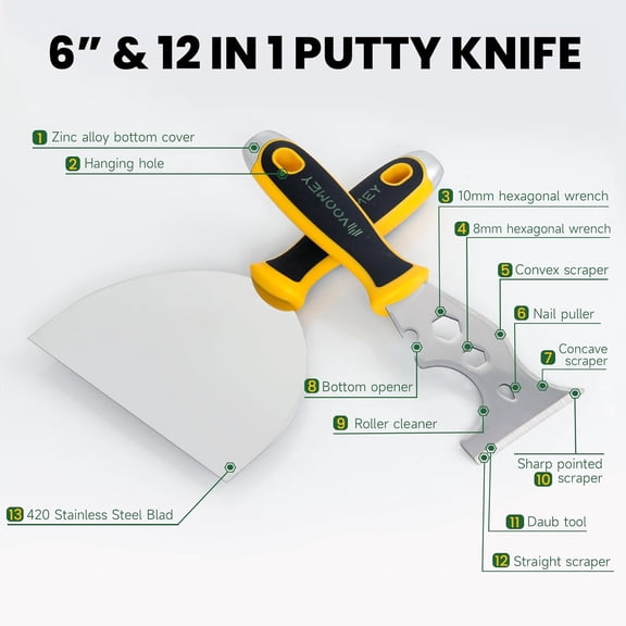 TYHREF-6 Inch Stainless Steel Putty Knife, 12 In1 Paint Scraper, Drywall Taping Knife 2 Pack, Paint Scraper Tool for Repairing Old Walls, Cleaning Paint Roller Covers, Applying Putty