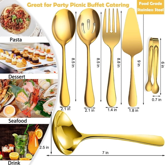 TYHREF-6 PCS Stainless Steel Serving Utensils, Large Serving Spoons Slotted Spoons, Forks, Ice Suger Tongs, Cake Server, Soup Ladle, Metal Utensils Set Great for Buffet Catering Banquet Party, Gold