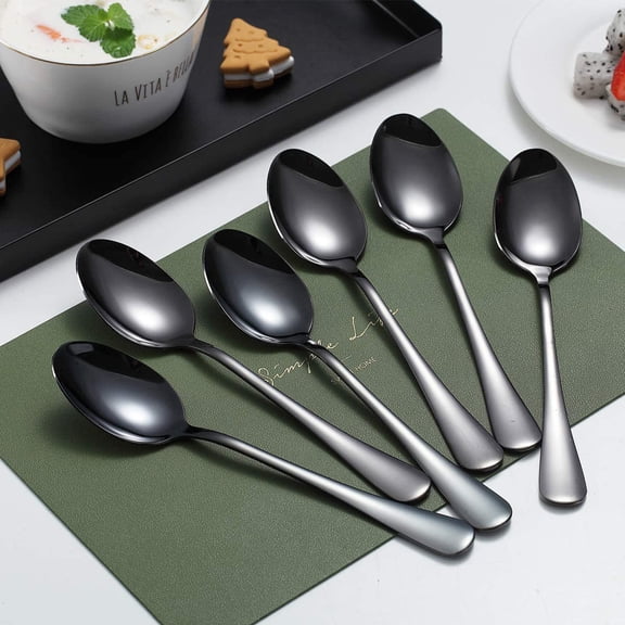TYHREF-6-Piece 8" Stainless Steel Table Spoon Set, Titanium Black Plating, Gold Soup & Dessert Spoons, Dishwasher Safe