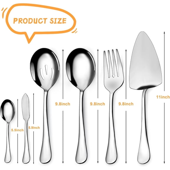 TYHREF-6-Piece Stainless Steel Serving Utensil Set, Hostess Collection with Spoons, Fork, Tongs, Ladle and Pie Server
