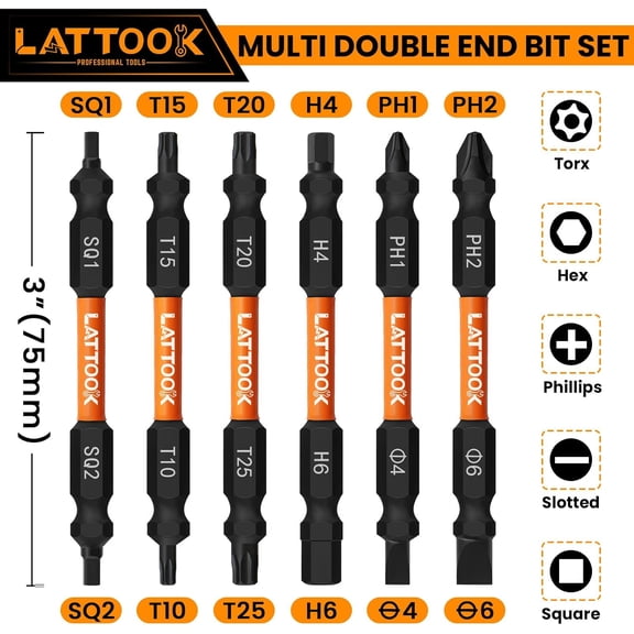 TYHREF-6-Pieces Multi-bit Screw Drivers, Double-Ended Bits with Magnetic, Impact-Rated Screwdriver Bits for Hex/Torx/Phillips/Slotted/Square, H4, H6, T10, T15, T20, T25, PH2, PH1, SL4, SL6, SQ1, SQ2