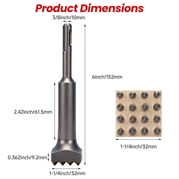 TYHREF-6" x 1-1/4" SDS Plus Bushing Tool, 16 Tips Bush Hammer Bit for Concrete Repair, Patch Prepare, Roughness Coating Remove - Fits SDS Plus Rotary Hammer