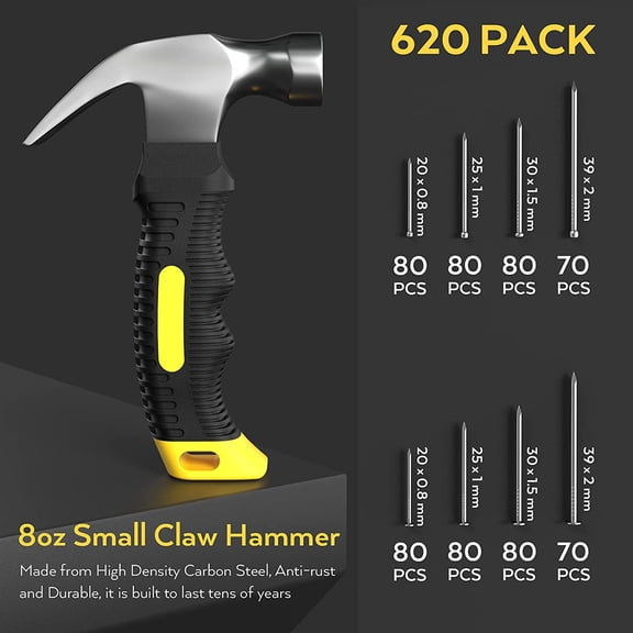 TYHREF-620 PCS Small Nails for Hanging Pictures Assortment Kit with 8oz Claw Small Hammer, Mini Hammer Set with Hardware Nails Assorted Set 310 Wall Nails & 310 Finish Nails for Installing with Case