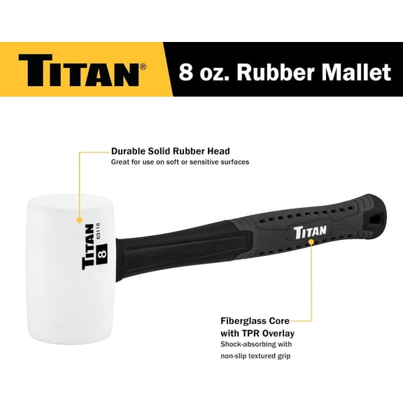 TYHREF-63118 8oz White Rubber Mallet, Non-marking Double-faced Solid Head, 11.5" Shock Absorbing Fiberglass Handle with Textured Grip