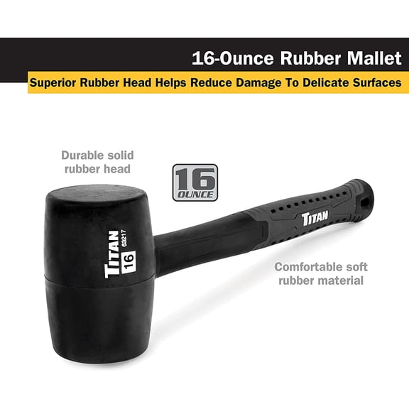 TYHREF-63217 16oz Rubber Mallet, Non-marking Double-faced Solid Head, 13" Shock Absorbing Fiberglass Handle with Textured Grip