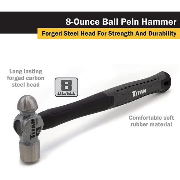 TYHREF-63308 8oz Ball Pein Hammer, Forged Steel Head, 11" Shock Absorbing Fiberglass Handle with Textured Rubber Grip