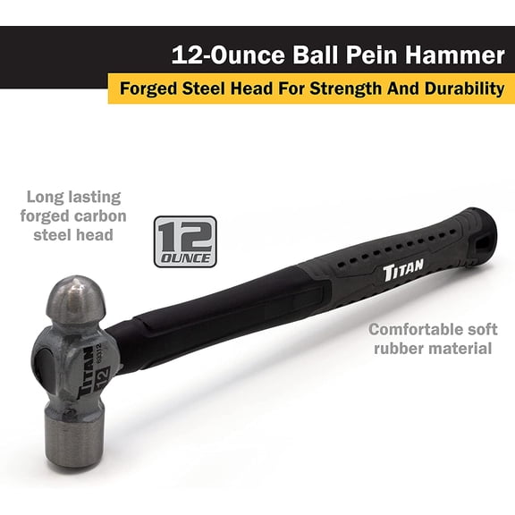 TYHREF-63312 12oz Ball Pein Hammer, Forged Steel Head, 12" Shock Absorbing Fiberglass Handle with Textured Rubber Grip