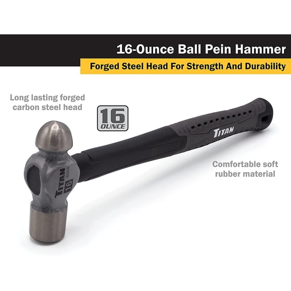 TYHREF-63316 16oz Ball Pein Hammer, Forged Steel Head, 12.5" Shock Absorbing Fiberglass Handle with Textured Rubber Grip