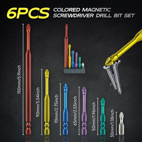TYHREF-6PCS Colored Impact Screwdriver Bit Set S3 Alloy Steel High Magnetic Screwdriver Drill Bit Set Bits #2 Phillips 50 65 70 90 150mm