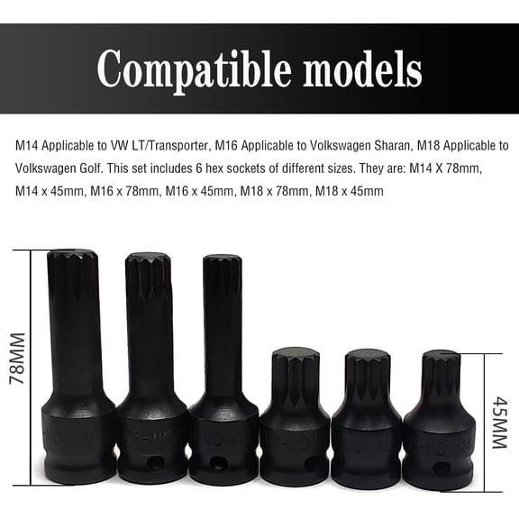 TYHREF-6PCS Impact Spline Bit Socket Set, M14 M16 M18 Metric 1/2-Inch Impact Triple Square Socket Kit, Cr-Mo Steel Socket Remover Hand Repair Tool