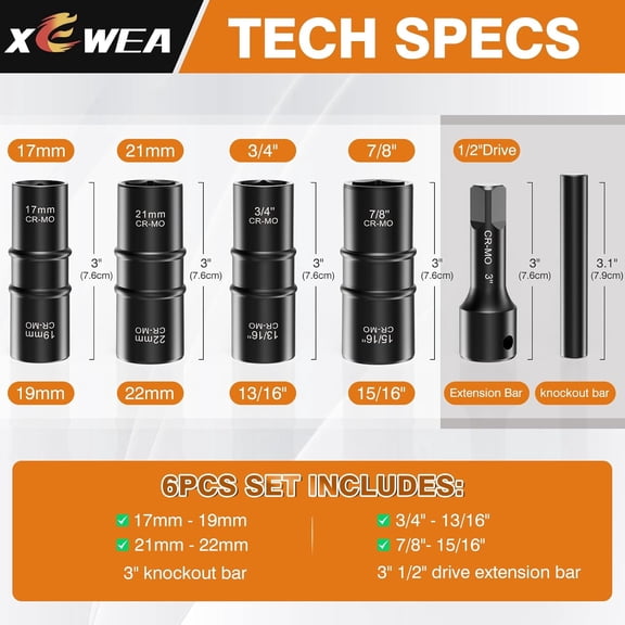 TYHREF-6PCS Lug Nut Impact Socket Set, 1/2" Drive 8-IN-4 Flip Socket Design Metric 17 19 21 22 mm & SAE 3/4 13/16 7/8 15/16 in,Dual-End Thin Wall Nut Sockets with 3" Extension Bar & Knockout Bar