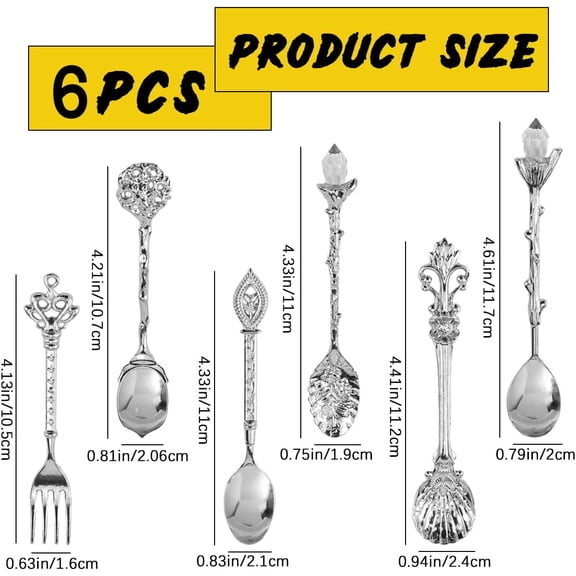 TYHREF-6PCS Silver Vintage Teaspoon Set - Zinc Alloy Cutlery for Coffee, Desserts Cocktails,Luxe Baroque-Inspired Kitchen Tableware with Intricate Carvings