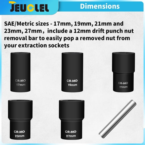 TYHREF-6PCS Twist Lug Nut Socket Set - 1/2 inch Drive Damaged Nut Lock Remover Extractor - Rusted & Stubborn Locking Nut Removal Tool Kit with 17mm 19mm 21mm 23mm 27mm Sockets & Center Punch Bar
